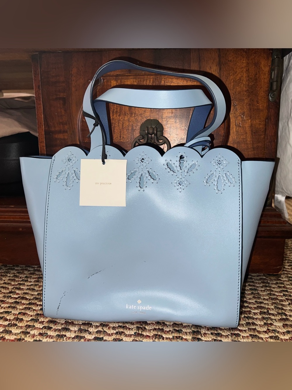 kate spade Light Blue Scalloped Leather Tote with Cutout Detail
